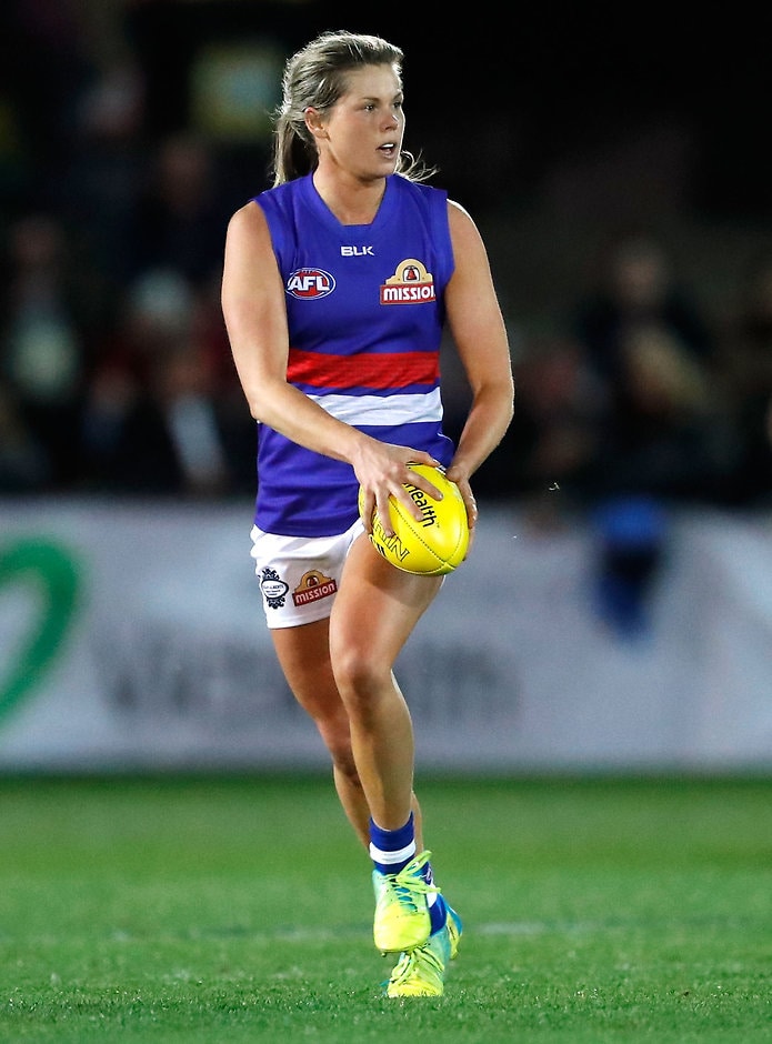AFL 2016 Media - Womens All Stars Match MELBOURNE, AUSTRALIA - SEPTEMBER 03: Katie Brennan of the Bulldogs in action during the 2016 Womens All Stars match between the Western Bulldogs and the Melbourne Demons at VU Whitten Oval on September 03, 2016 in Melbourne, Australia. (Photo by Adam Trafford/AFL Media)